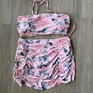 SHEIN Pink Floral Bandeau Top and Ruched Skirt Set